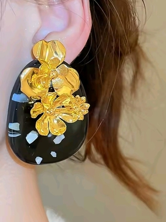 Black Resin Earrings with Gold Floral Accents - Picture 8 of 10